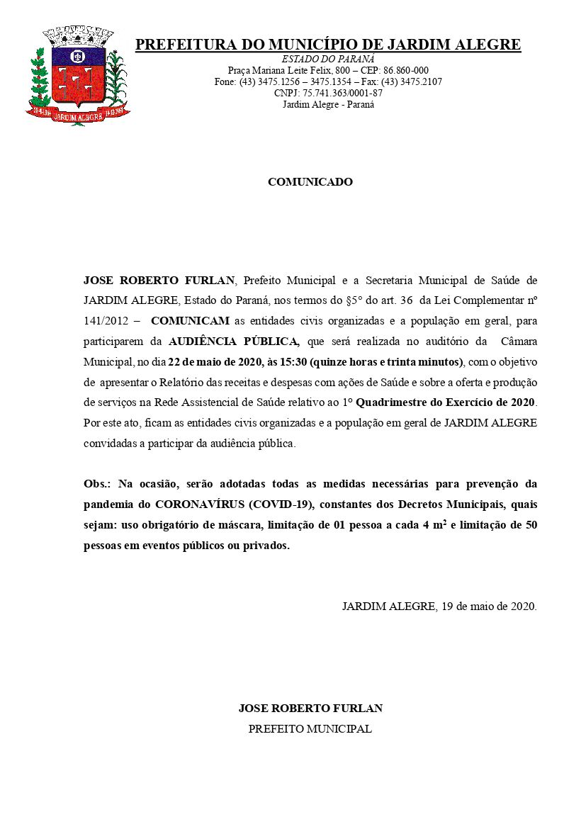 COMUNICADO AUDIÊNCIA PUBLICA 1º QUADRIMESTRE DE 2020 - SAÚDE